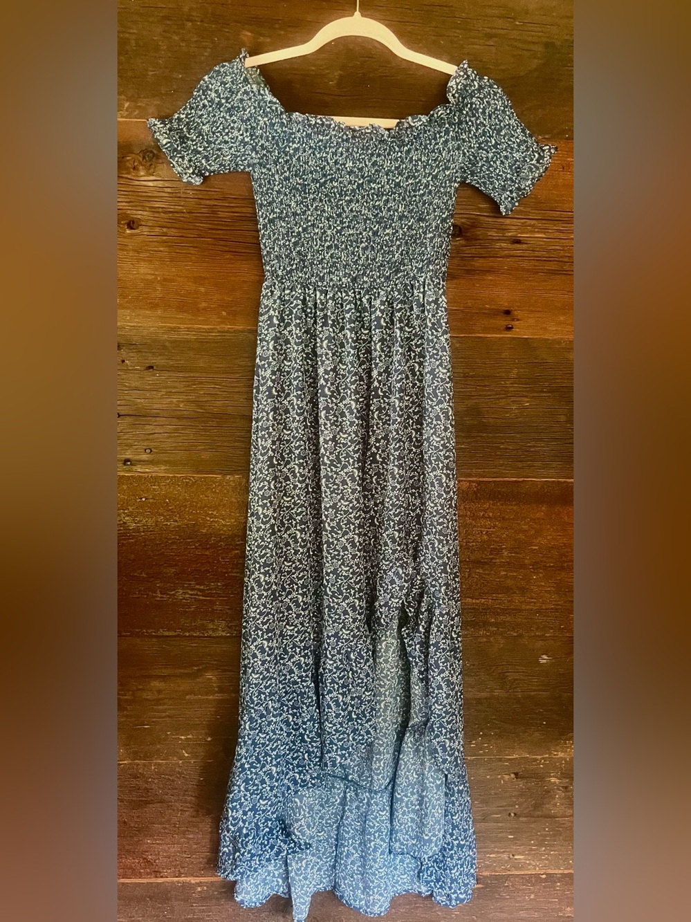 Size Small Flowey Feminine Smocked Waist Blue Floral off the shoulder Maxi Dress